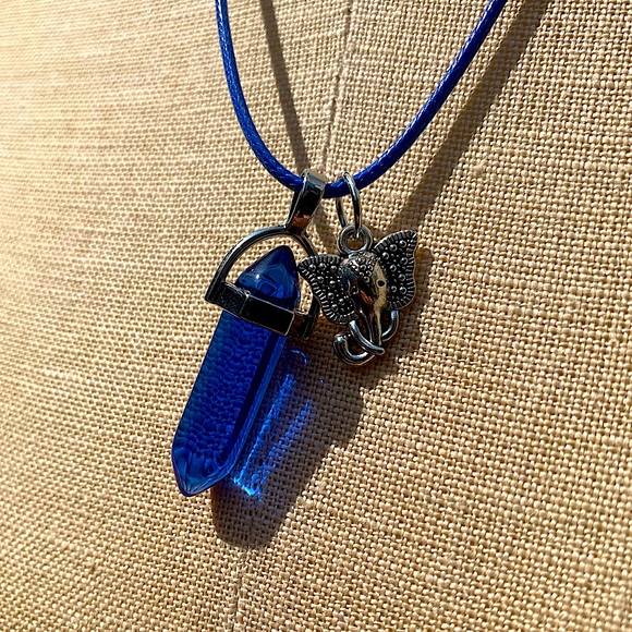 Hand Crafted Jewelry - Handmade Cobalt Blue Resin Crystal Amulet Necklace & Elephant Charm